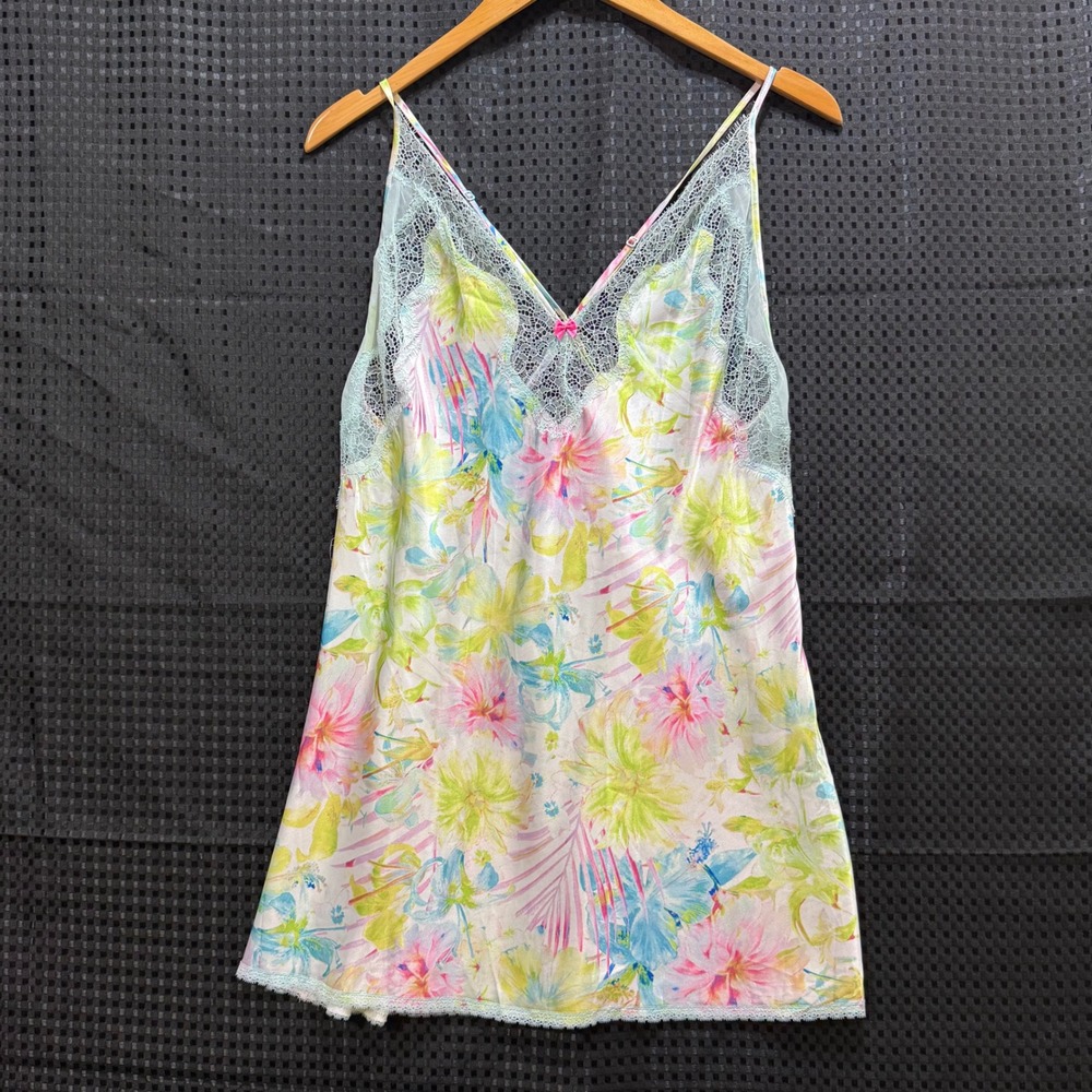 Victoria's Secret Chemise Women L  Floral Satin Lace Babydoll Nightgown Y2K